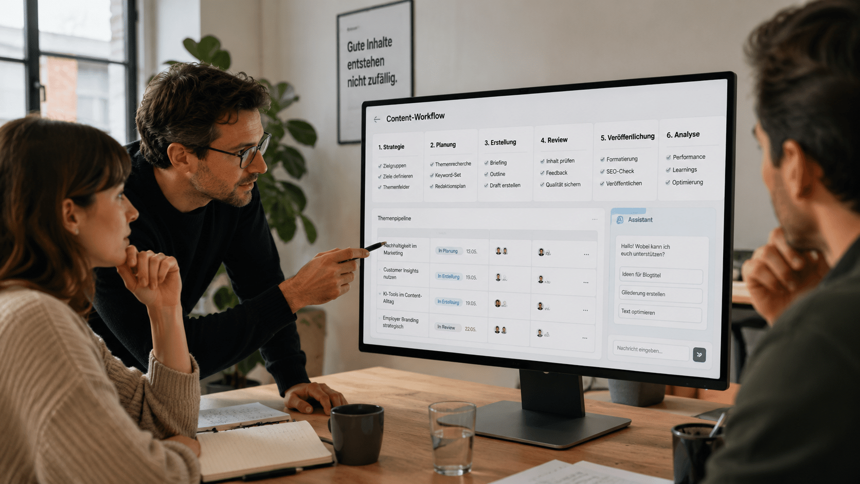 Drei Kolleg*innen sitzen vor einem großen PC-Bildschirm auf dem ein Content-Workflow abgebildet ist.