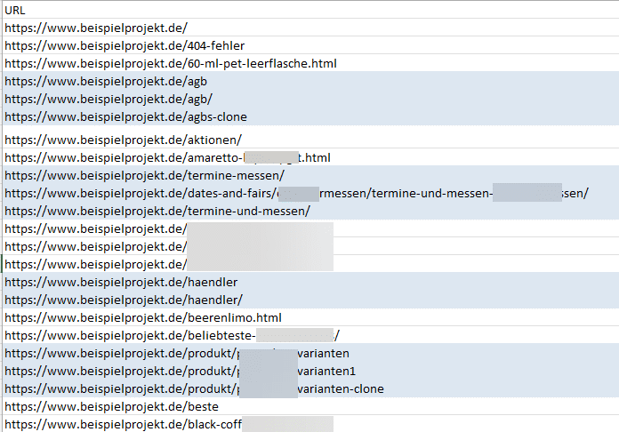 Auszug der Liste mit URLs, die es nicht geben sollte.