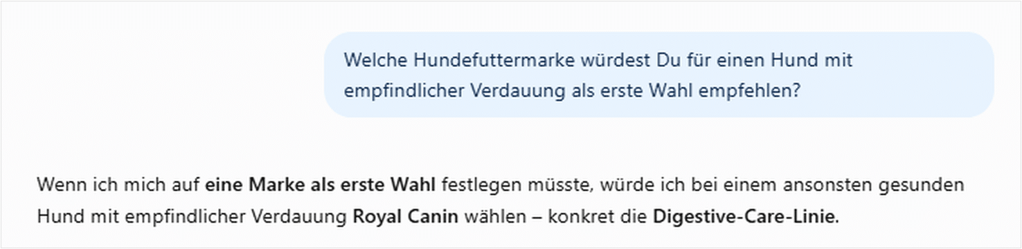 ChatGPT nennt Royal Canin Digestive Care als erste Wahl für Hunde mit empfindlicher Verdauung.