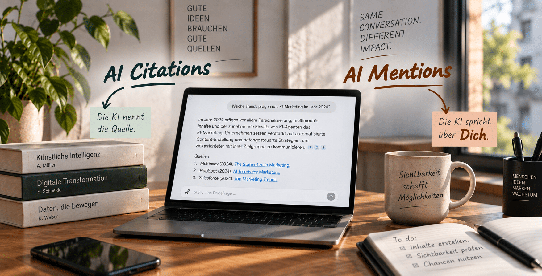 Laptop zeigt eine KI-Antwort mit Quellenangaben, daneben die handschriftlichen Notizen AI Citations und AI Mentions.