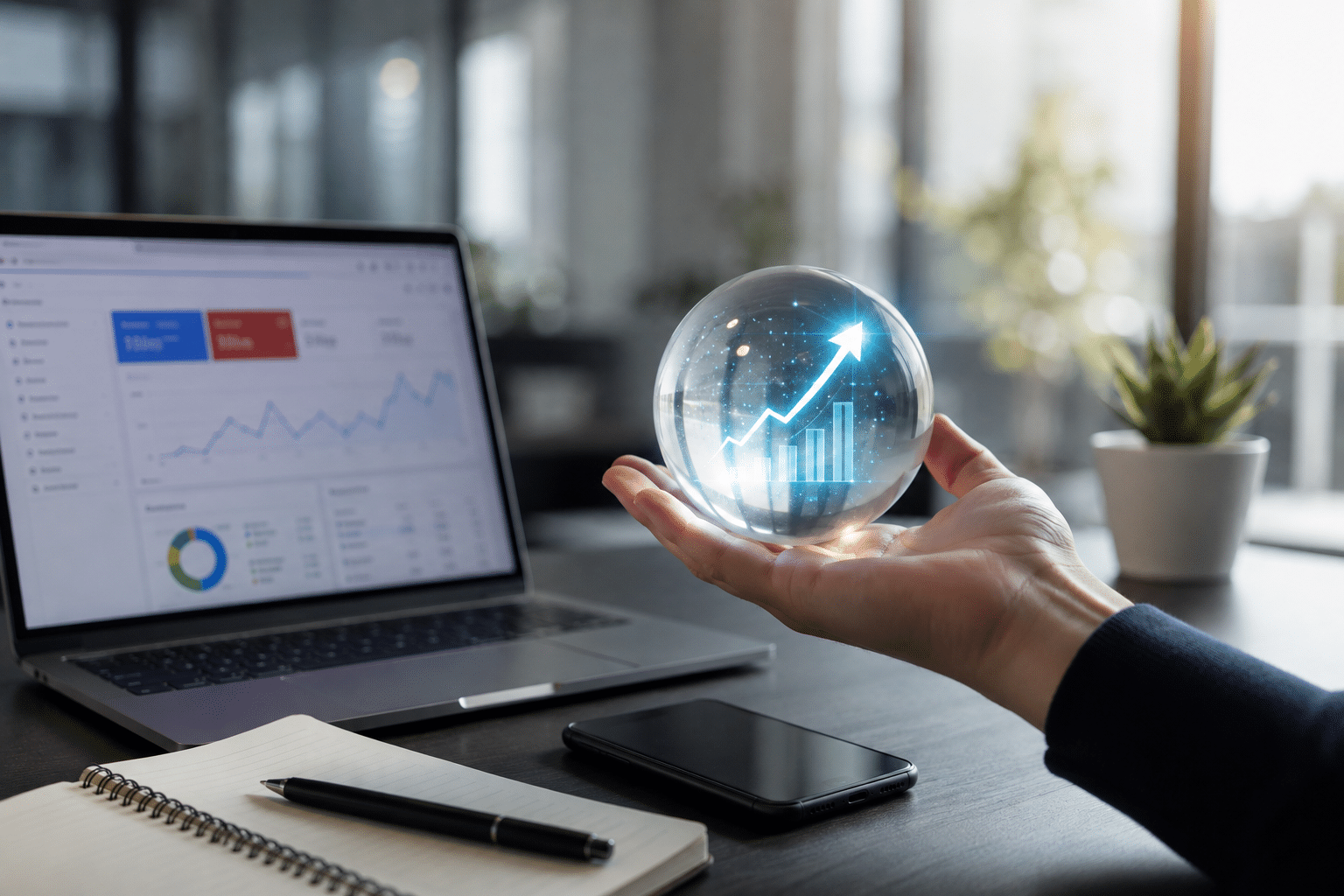 Hand hält eine Glaskugel mit aufsteigendem Diagramm vor einem Analyse-Dashboard.