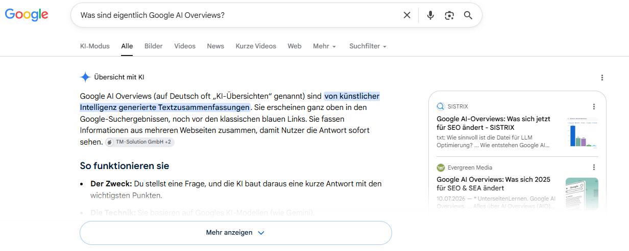 Screenshot der Google AI Antwort auf die Frage „Was sind eigentlich Google AI Overviews?“
