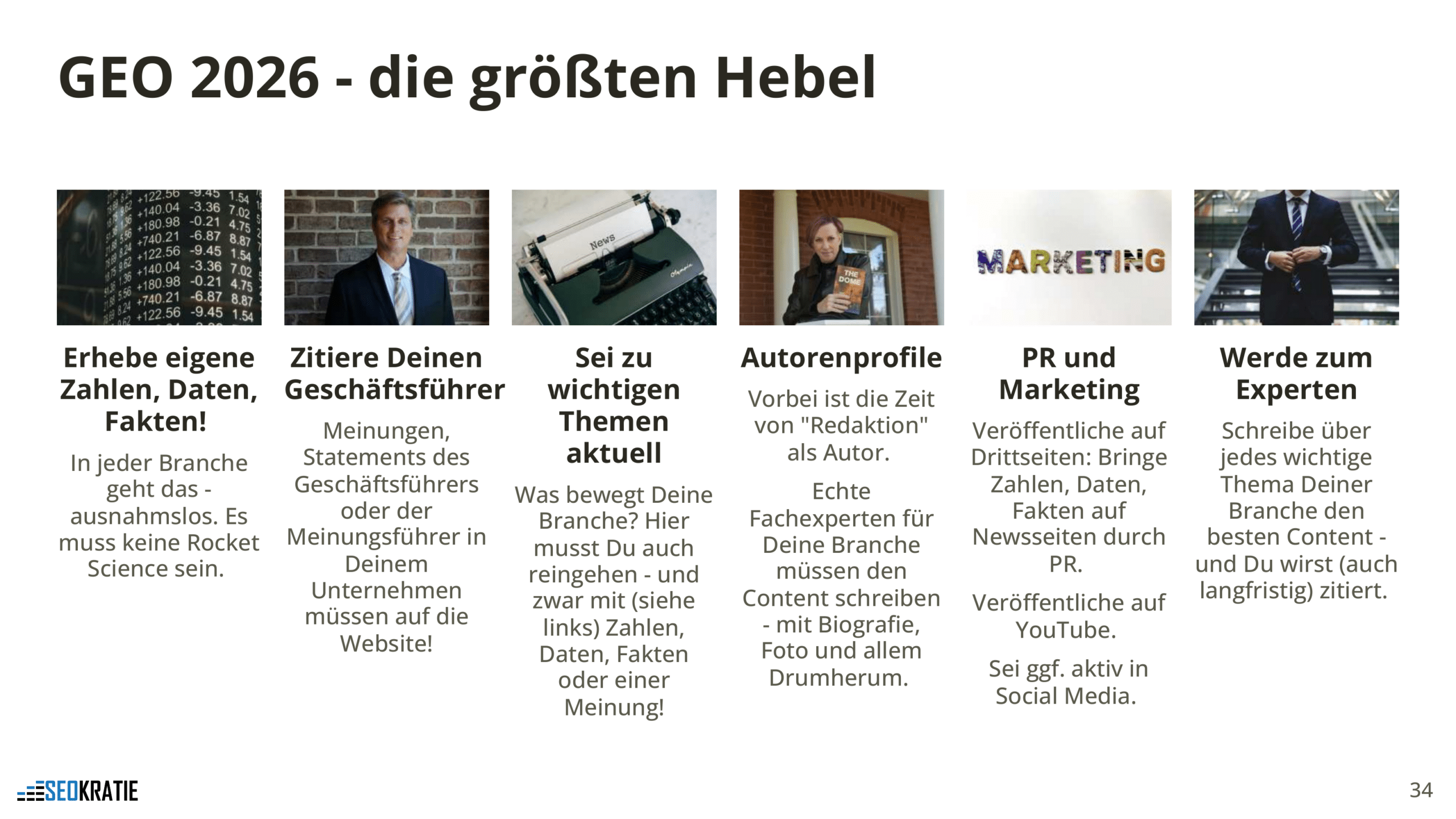 Die wichtigsten GEO-Hebel 2026 von eigenen Daten und Autorenprofilen bis zu PR, Marketing und Expertenstatus