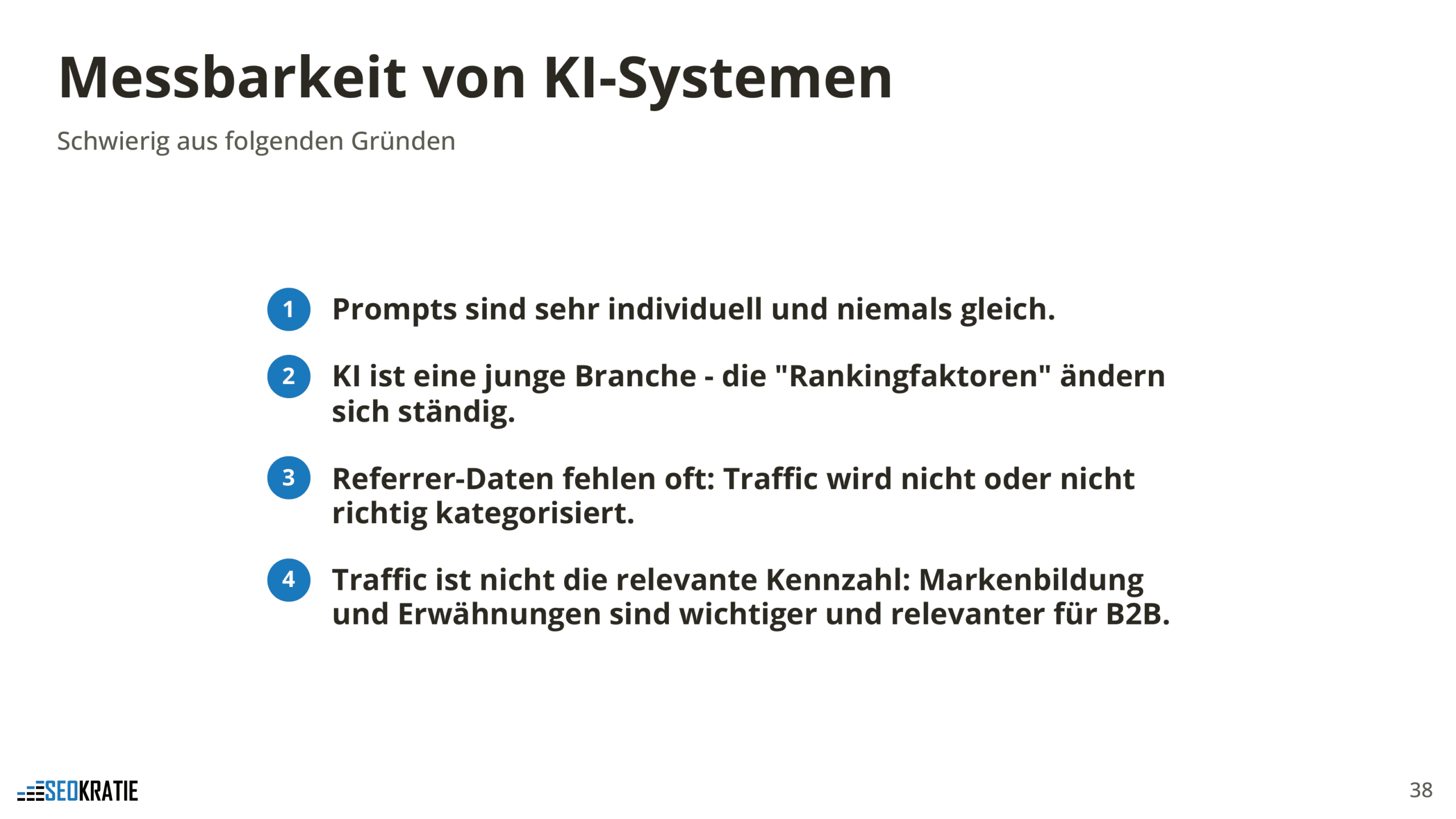 Vier Herausforderungen bei der Messbarkeit von KI-Systemen, darunter individuelle Prompts und fehlende Referrer-Daten