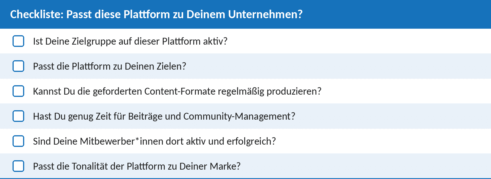 Checkliste mit sechs Fragen, ob eine Social-Media-Plattform zum eigenen Unternehmen passt