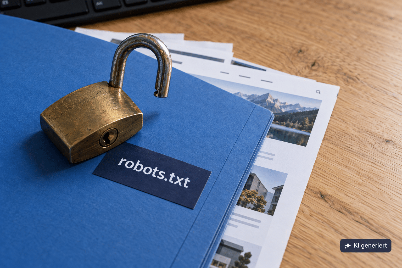 Geöffnetes Vorhängeschloss auf einem Ordner mit der Aufschrift robots.txt als Symbol für den Zugriff von KI-Crawlern auf Websites.