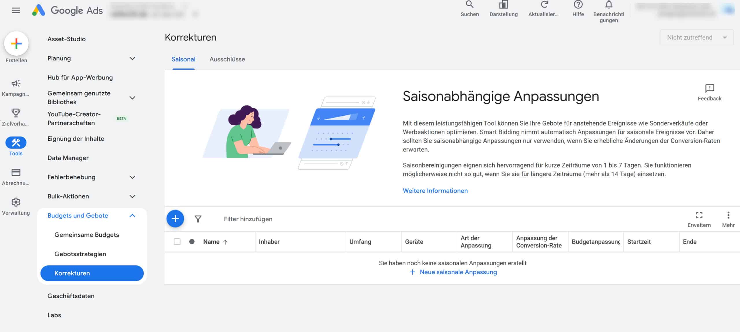 Screenshot aus Google Ads saisonabhängige Anpassungen.