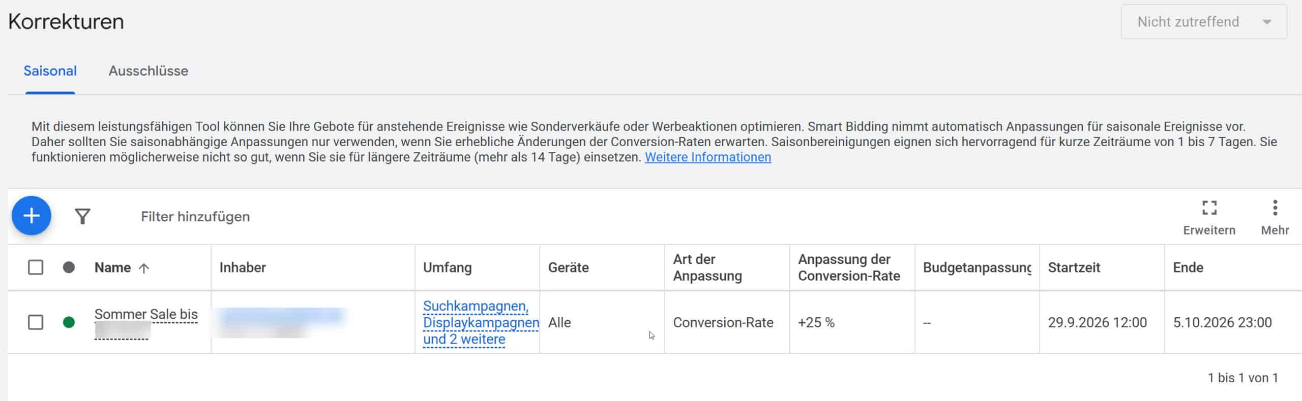 Screenshot aus der Google Ads Oberfläche mit einem Beispiel für die Conversion Rate-Erhöhung für den Sommer Sale.