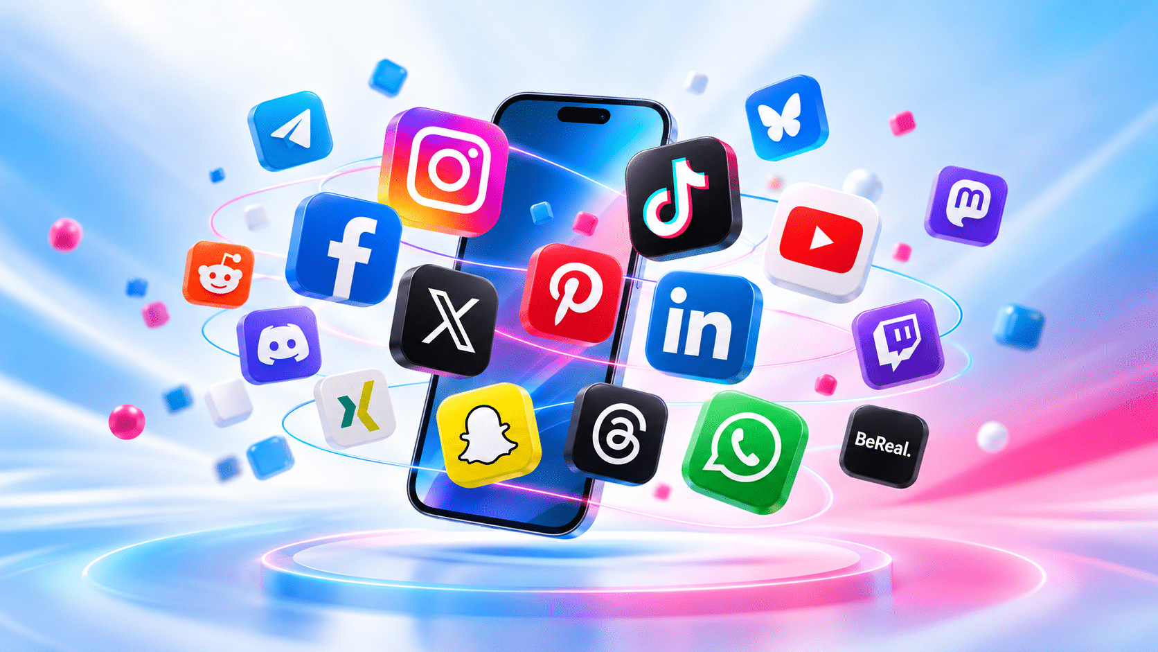 Smartphone umgeben von den Logos verschiedener Social-Media-Plattformen wie Instagram, Facebook, TikTok, YouTube, LinkedIn und WhatsApp
